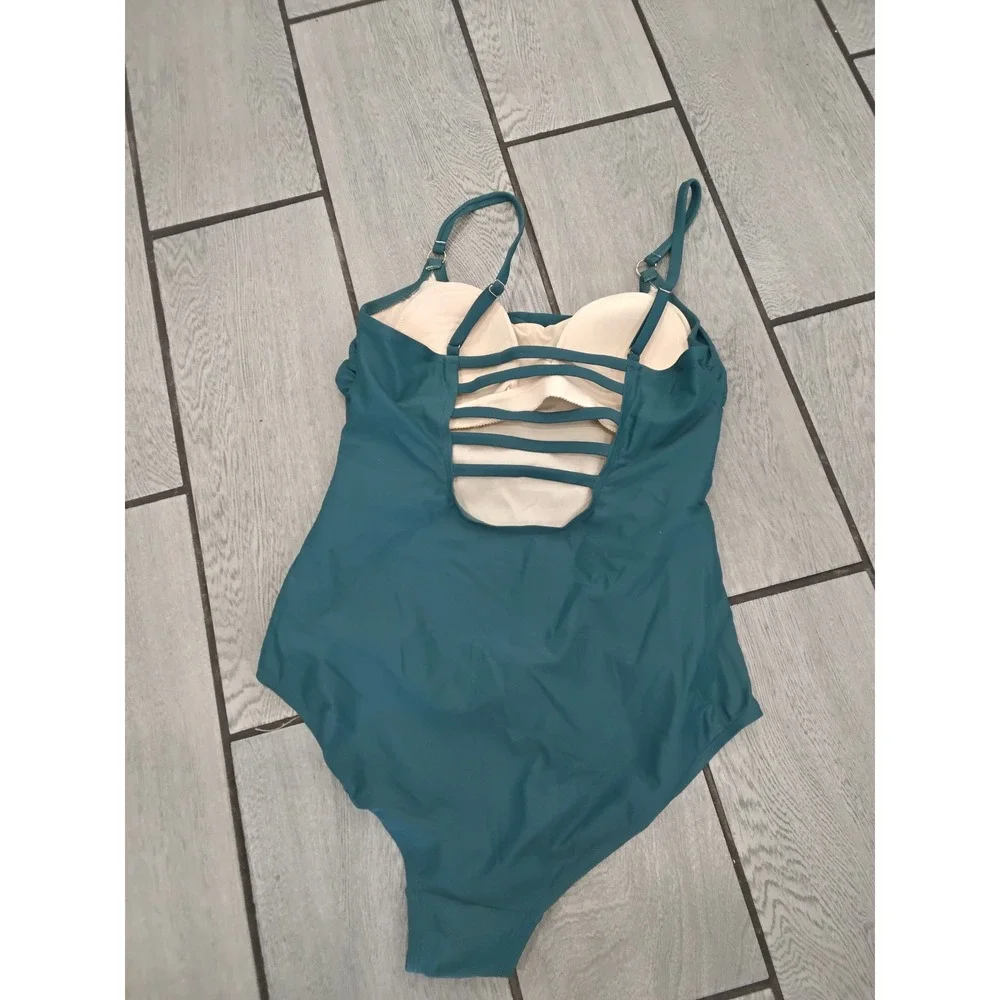 Kona Sol Womens Teal Blue Ruched‎ Front Ladder Back One Piece Swimsuit Size L
